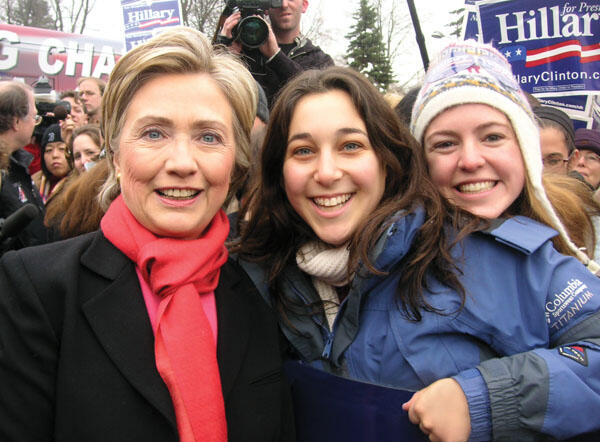 Seniors Peri Rosenstein, center, and Regina Lee with Sen. Hillary Clinton in Manchester, N.H. The two were among 19 Princeton students who spent a week in New Hampshire working for candidates­.