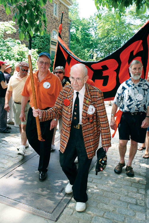 Fritz Hummel ’36, walking the P-rade route with his son, Karl ’67, at right.