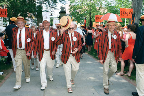 From left, Paul Spagnoli ’46, Owen Roberts ’46, Alan Lukens ’46, and Gerry Phillips ’46 walk the P-rade route at their 65th reunion, their last before joining the Old Guard.
