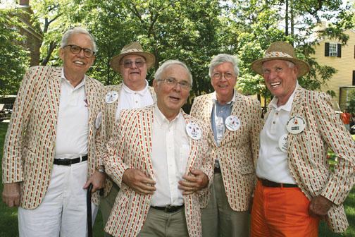 Reconnecting at their 55th reunion are Class of 1956 ­members, from left, Jim Duffy, Frank Giovino, Charlie Kern, Frank Klapperich, and Henry Dawes.