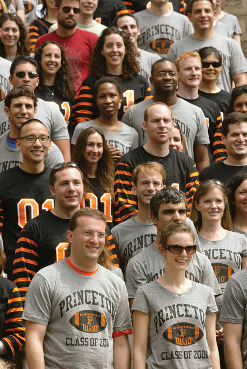 Members of the Class of 2001 smile for a 10th-reunion portrait.