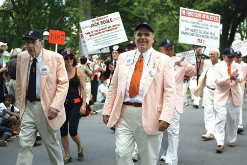 Roby Harrington III ’51, center, and Cab Woodward ’51, at left, celebrate their classmates and their time together.