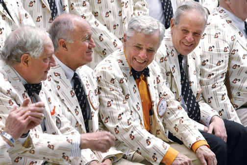 Jay Siegel ’59, Fred Lang ’59, Bob Hillier ’59 *61, and Harvey Dosik ’59 look spiffy as they pose for their 50th-reunion photo.