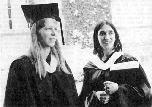 Cynthia Chase ’75 wearing her mortarboard and posing with salutatorian Lisa Siegman ’75 at Princeton's 228th Commencement, at which she gave the valedictory address. 