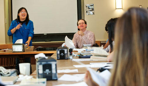 Emilly Zhu ’13 presents her work to Katz and classmates in December.