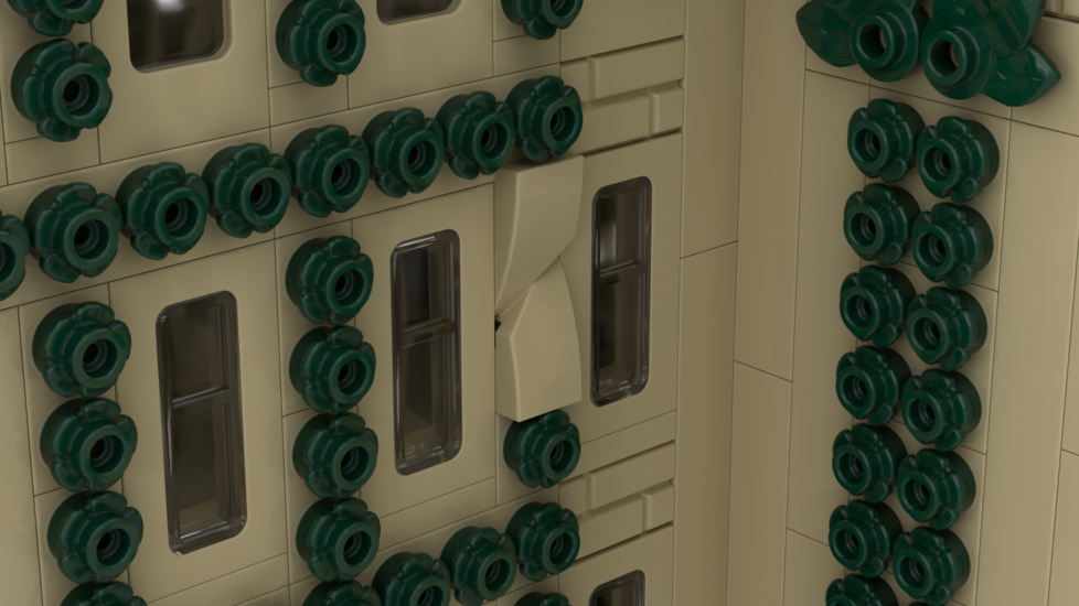 A close-up of the windows and ivy made with Legos.