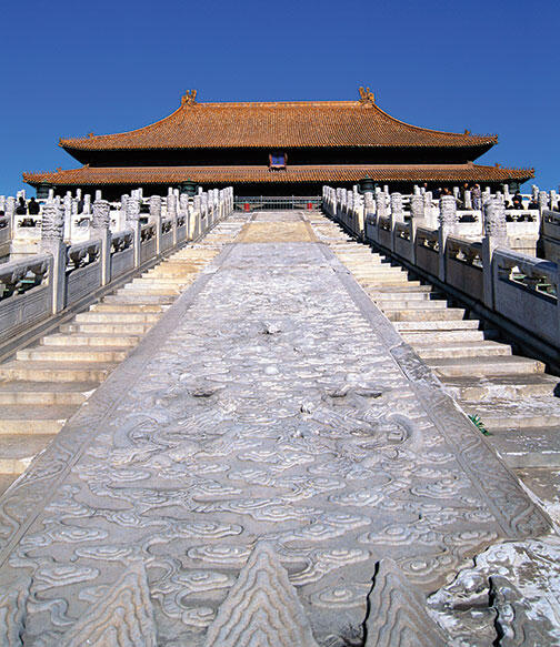 Researchers speculate that the Large Stone Carving (between the stairs) at Beijing’s Forbidden City was hauled along an ice-slicked roadway.