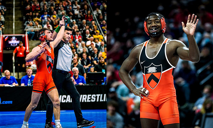 The left side of this photo shows wrestler Patrick Glory ’23 walking while a referee holds his arm up. The right side is wrestler Quincy Monday ’23 standing and waving from the mat.