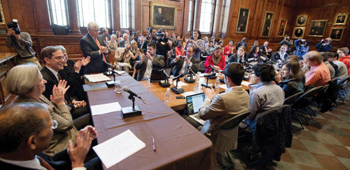 Christopher Eisgruber '83 meets the press as his selection as Princeton's next president is announced April 21 in the Faculty Room of Nassau Hall. 