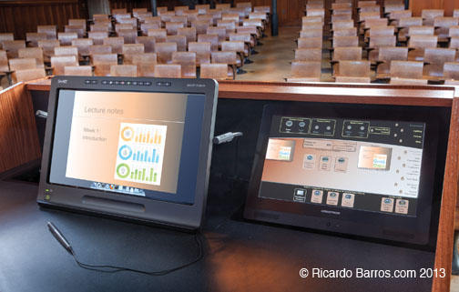 PODIUM: A virtual blackboard system from SMART Technologies opens up possibilities for professors. From the new podium, instructors can use the ­system to write directly on slides or Web pages that are ­projected to the class. A ­video-conferencing fea