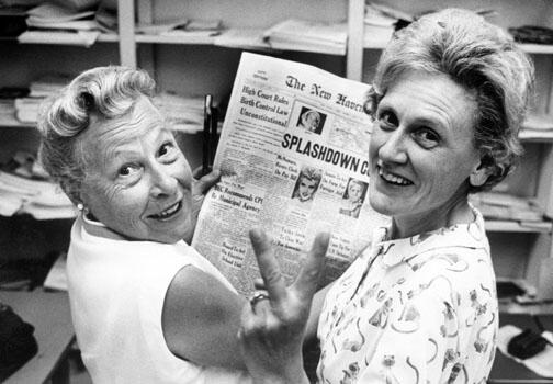 NB_ACLU.jpg Above left, Estelle Griswold, medical adviser and executive director of the Planned Parenthood clinic in New Haven, Conn., and Cornelia Jahncke, at right, president of the Planned Parenthood League of Connecticut, celebrating victory in a 1965 case