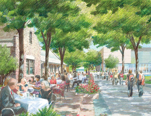 NB_ArtsPlaza.jpg Rendering of a proposed restaurant at the existing Dinky station, with the planned arts complex in the background.