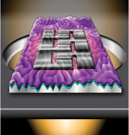 A new photovoltaic cell developed by ­Professor Lynn Loo’s research team is more efficient and tougher than ­traditional cells. Folds on the cell’s ­surface, shown in the rendering, right, increase efficiency by guiding light waves.