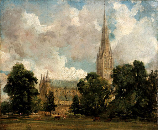 John Constable, British, 1776–1837: Salisbury Cathedral from the South West, ca. 1820. Oil on canvas, 25.1 X 30.2 cm. The Victoria and Albert Museum.