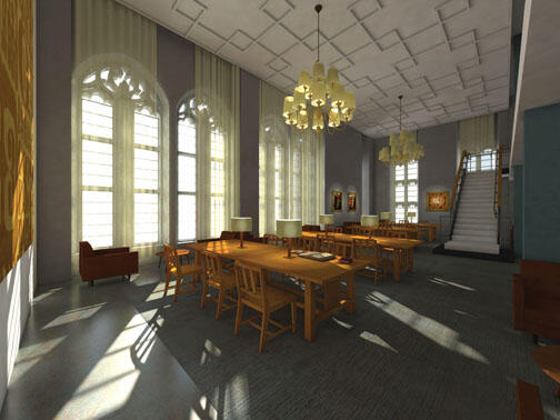 NB_Firestone_FacultyReadingRoom.jpg This rendering shows how the former faculty lounge on the third floor of Firestone Library, with its large gothic windows facing the Chapel, will be restored as one of the library’s primary reading spaces.