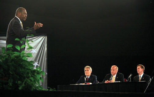 NB_George.jpg Republican presidential hopeful Herman Cain responds to a question from the Palmetto Freedom Forum’s panelists: from left, Professor Robert George, Rep. Steve King, and Sen. Jim DeMint.