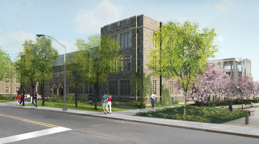 A rendering of the renovated 20 Washington Road building, with entrances at left and onto Scudder Plaza at right.