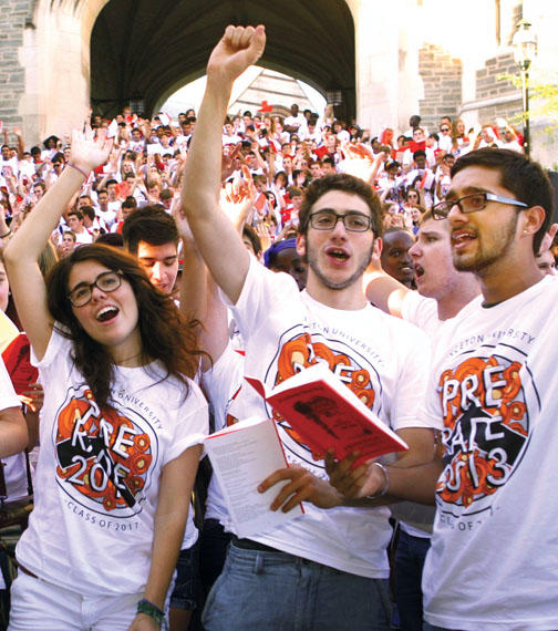 Freshmen raise their voices at the Blair Arch Step Sing.