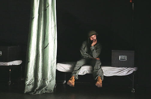 OTC-Dispatch-uncroppedNew.jpg Blake Edwards ’15 in The Basic Training of Pavlo Hummel, one of two student productions focused on the Vietnam War.