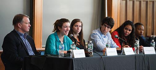 Taking part in an Alumni Day forum were, from left: Hap Cooper ’82, Tiger Inn grad board president; Lucia Perasso ’16, Terrace Club president; Sydney Kirby ’15, former vice president of Cannon Club; Joe Margolies ’15, Interclub Council president; 