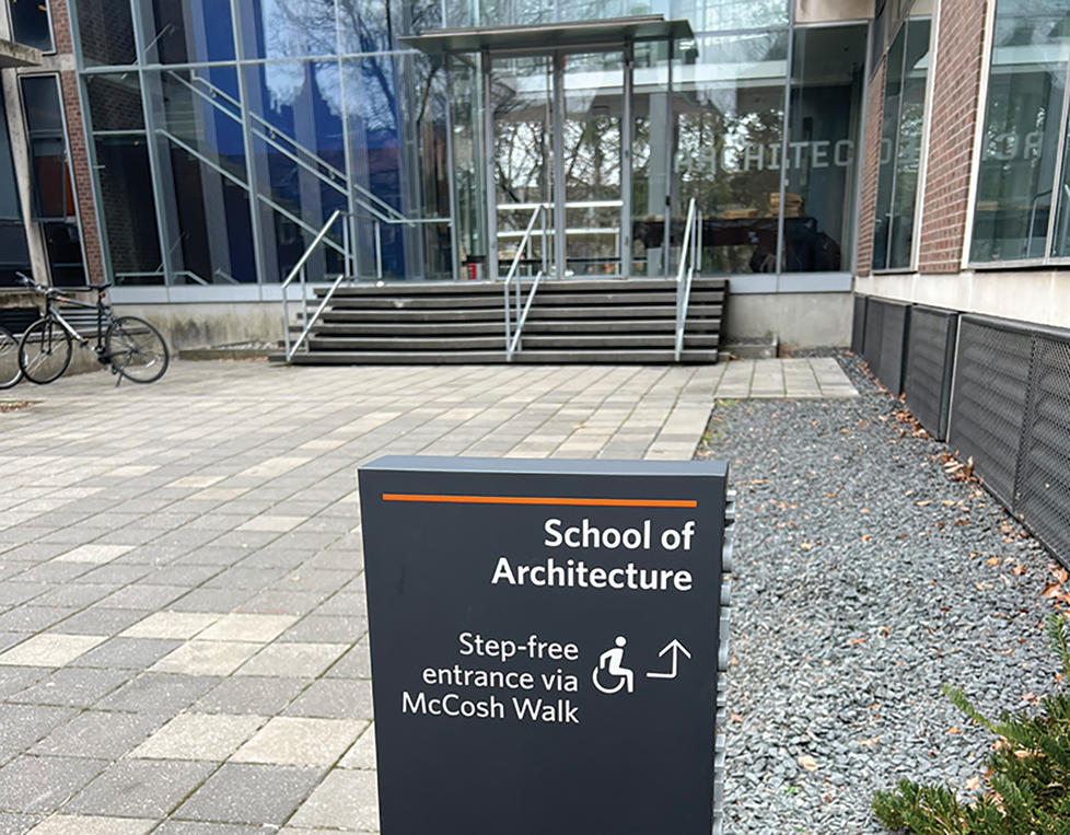 Entrance to the School of Architecture with accessibility signage