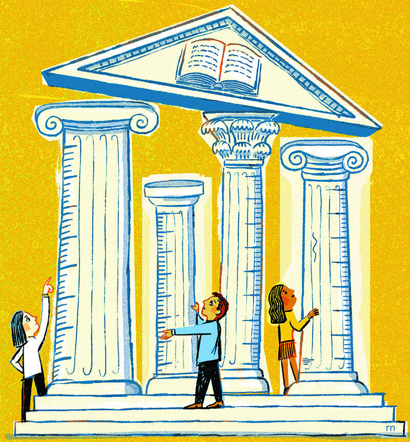 Illustration of people measuring columns that symbolize institutions