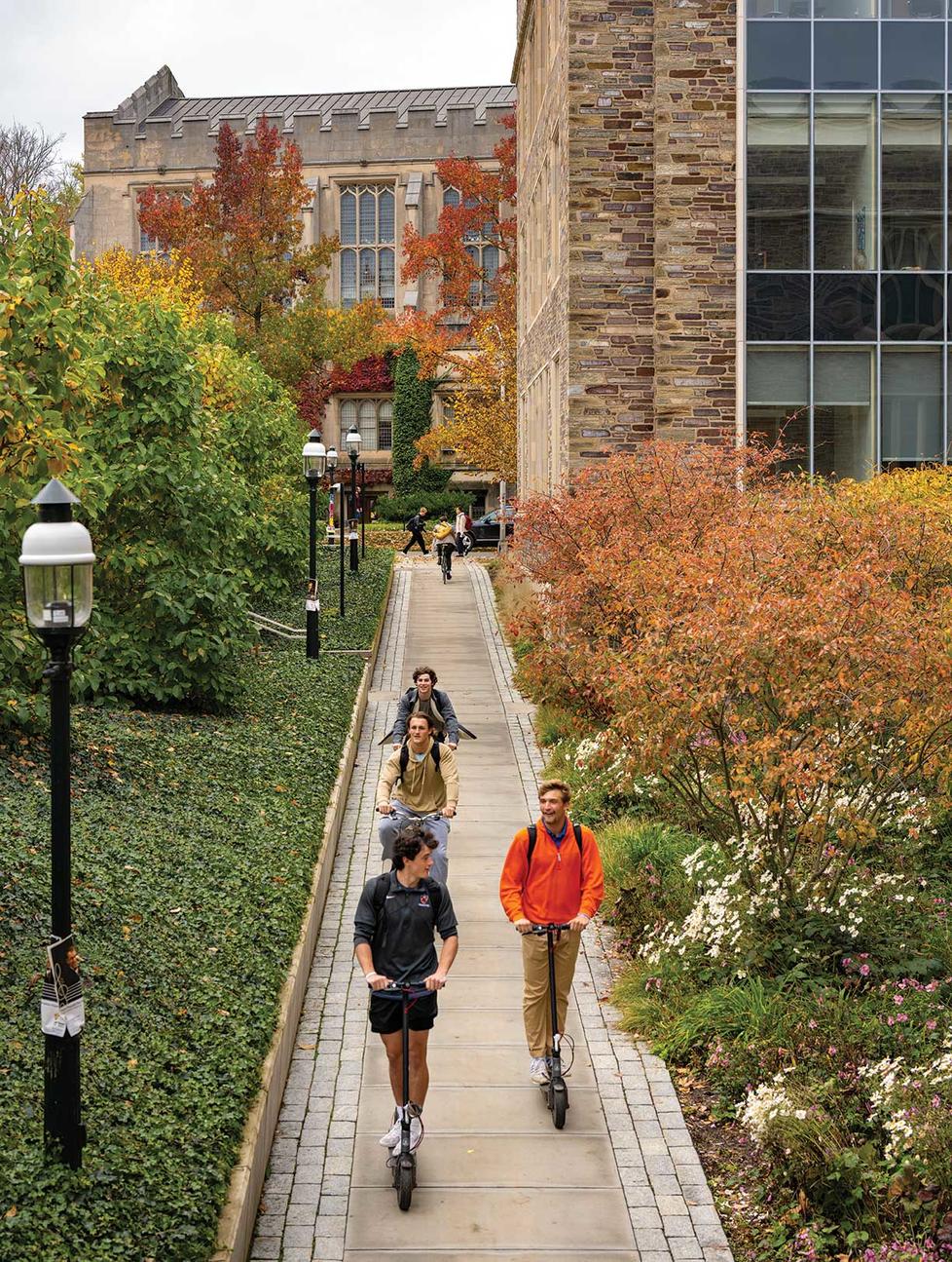 Students ride to class amid fall foliage near the Julis Romo Rabinowitz Building