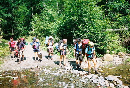 Preparing to cross a stream -- carefully. 