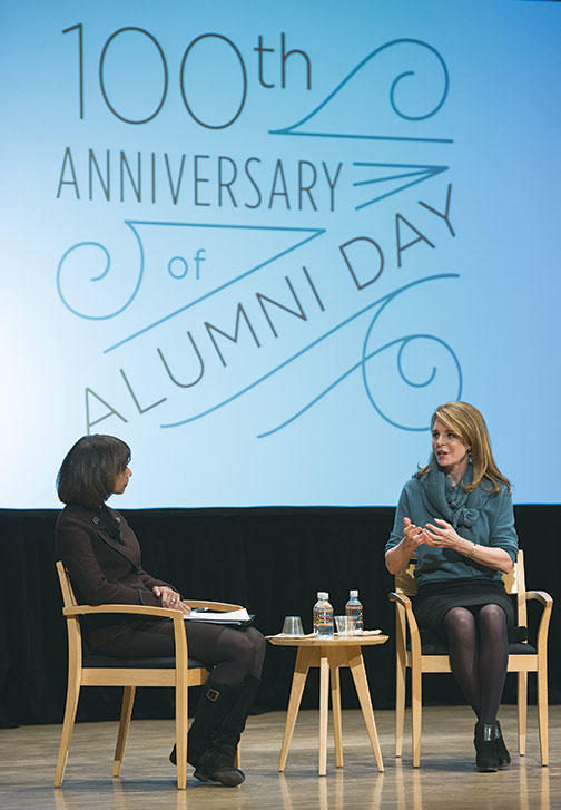 Queen Noor of Jordan (formerly Lisa Halaby ’73), right, spoke about how her time at Princeton prepared her for challenges she faced as queen. After her speech, she talked with Woodrow Wilson School Dean Cecilia Rouse.