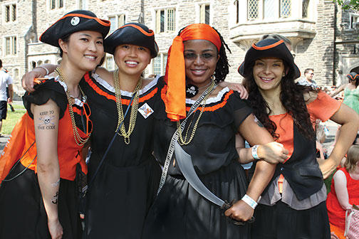 “X Marks the Spot” for fifth-reunion classmates, from left: Evangeline Lew ’10, Sherry Zhang ’10, Blessing Agunwamba ’10, and Nicole Fegeas ’10