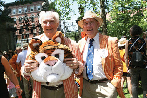 Bradford Mills ’48, holding the tiger head, with classmate Jack Lewis enjoy their last reunion before joining the Old Guard.