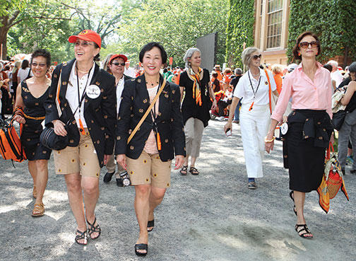 The Class of 1970 was the first to include female graduates, and this year was the first time all surviving ’70 alumnae — eight of the nine women — came to Reunions. From left: Mary Yee, Agneta Riber, Lynn Nagasako, Mae Wong Miller, Priscilla Read, 