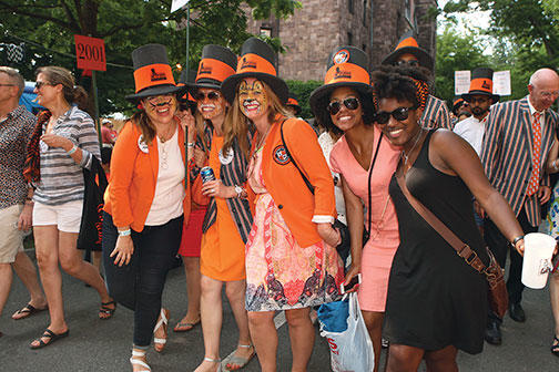 Graduate alumnae — all from the Woodrow Wilson School — model the APGA’s hats. From left: Heather Lord *11, Jane Farrington *13, Cat Moody *12, Amber Greene *12, and Christina Henderson *12