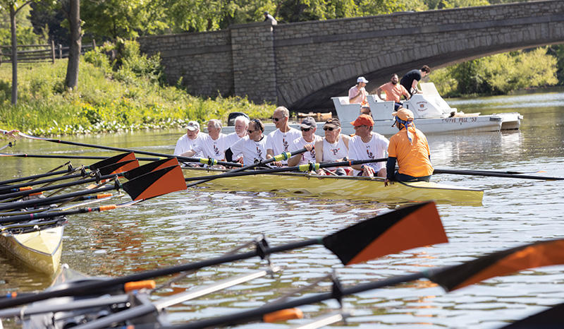 Alumni participate in a Saturday morning row. 