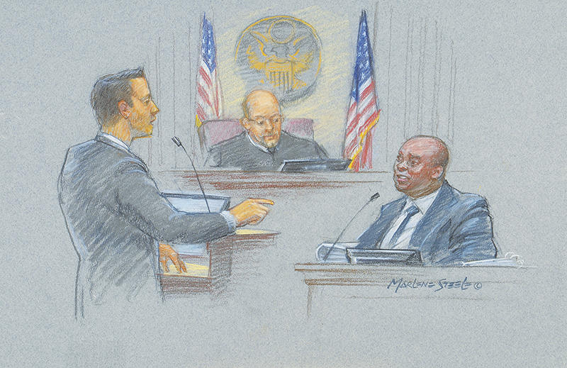 A court sketch: Former NFL player Chinedum (Chin) Ndukwe, right, testifies in a Cincinnati courtroom in June 2022 in the case against P.G. Sittenfeld ’07.