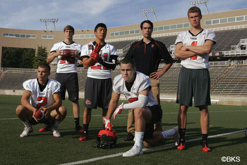 SP-Sprintfootball22new.jpg From left, Bob Dougherty ’15, Chad Cowden ’17, Kevin Ma ’14, John Wolfe ’14 (kneeling), student coach Ben Foulon ’14, and Chris McCord ’15