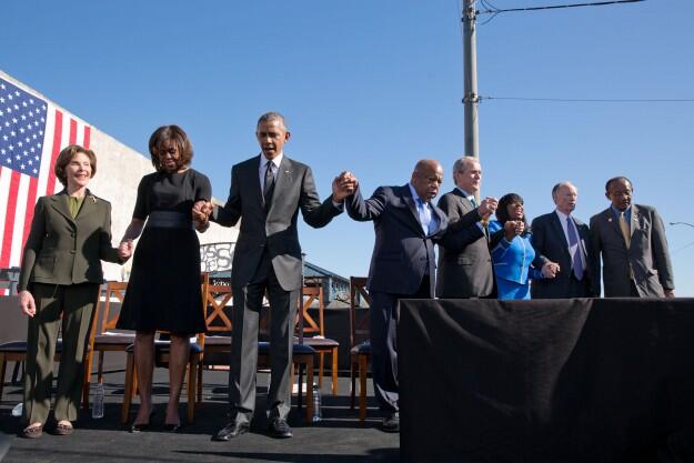 Rep. Terri Sewell â86, third from right, took part in the March 7 Selma commemoration with President Barack Obama and former President George W. Bush. (Official White House Photo by Pete Souza)