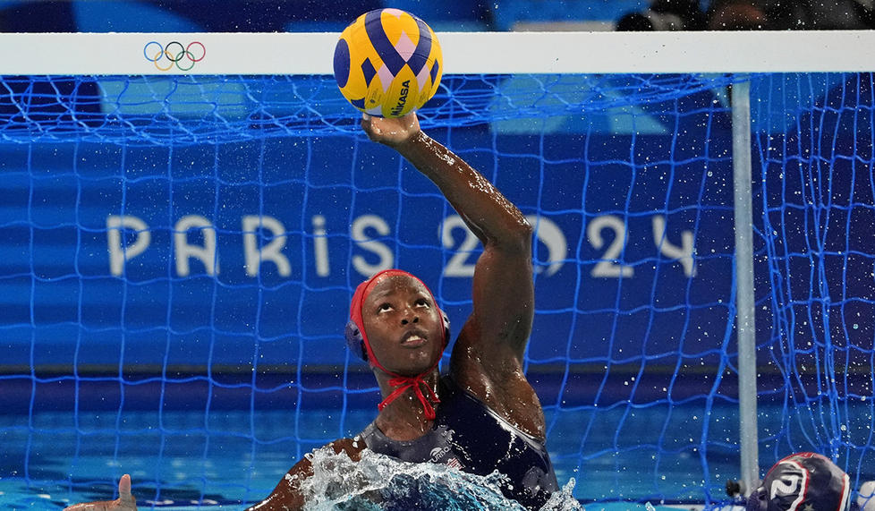 goalkeeper Ashleigh Johnson (1) makes a save against Greece in women’s water polo group B play during the Paris 2024 Olympic Summer Games at Aquatics Centre.