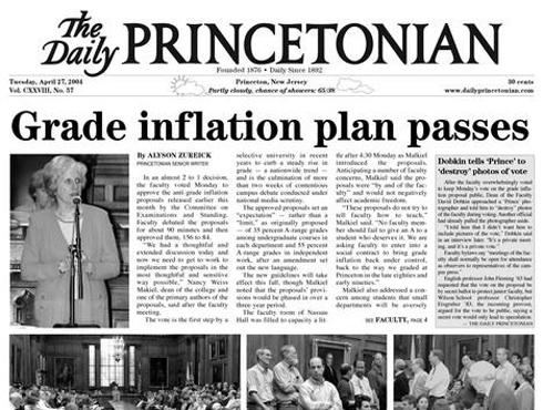 2004: Too many A’s at Princeton? The faculty believes so and decides to act, approving a new set of guidelines that aim to curb grade inflation. The goals include limiting A grades to 35 percent of all grades in regular courses and 55 percent in junior 