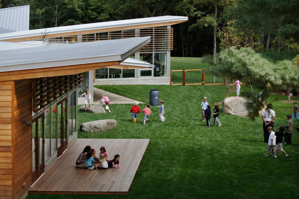 MARYANN THOMPSON ARCHITECTS: Classrooms and playground are in conversation at The Children’s School, a passive solar, LEED-certified school in Connecticut. (Photo: Courtesy Maryann Thompson Architects)