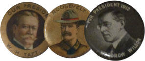 A Woodrow Wilson pennant and 1912 campaign buttons from the three major-party candidates are among the exhibit's items on loan from collector Anthony Atkiss '61.