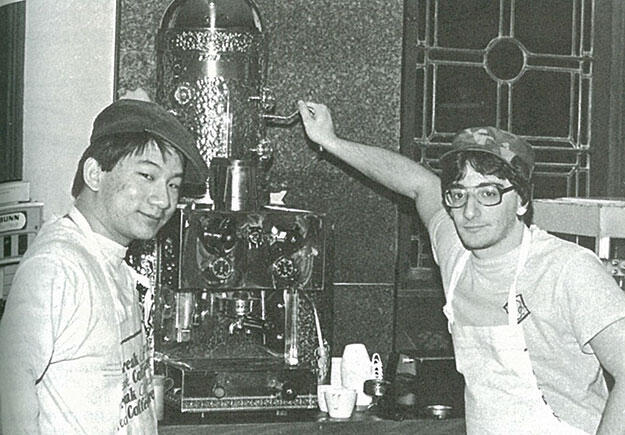 Dave Lee â86, left, and Steve Fein â86 show off Chancellor Greenâs coffee bar in 1985. (Larry Wolfen â87/PAW Archives)