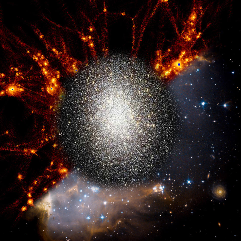 This is a logo image of a program Gnedin ran at the Kavli Institute of Theoretical Physics in Santa Barbara in May 2020, which focused on the formation of the earliest galaxies and star clusters. It shows one triangle of the modeled cosmic web (dark matter density), and the other triangle of an observed region in the sky that has formed young stars. An image of an old globular cluster is in the middle, connecting our understanding of them.