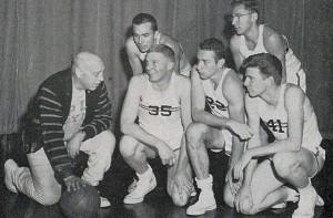 Coach Cappy Cappon in 1958 with, from left, Jim Brangan â60, David Fulcomer â58, Carl Belz â59, Artie Klein â60, and Joseph Burns â59. Herman Belz â59 replaced Fulcomer in the 1958-59 âiron five.â (Photo: PAW Archiv