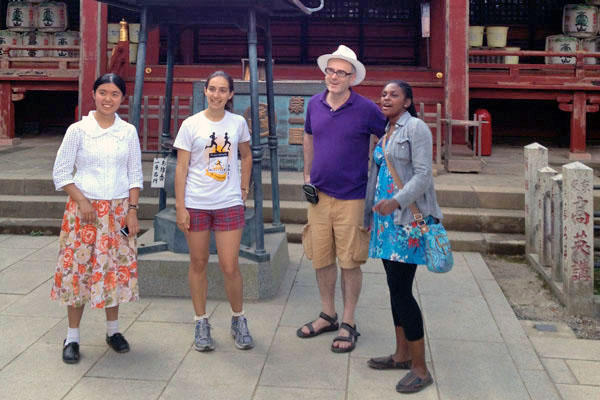 Professor David Leheny with students at a shrine atop Mount Takao in Tokyo.