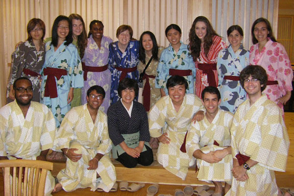 Students dressed in traditional Japanese yukata for dinner at the Houraikan inn in Kamaishi.