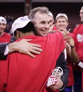 Mike Brennan â94 celebrated with his team in Boston March 12. (Courtesy American University Athletics Communications)