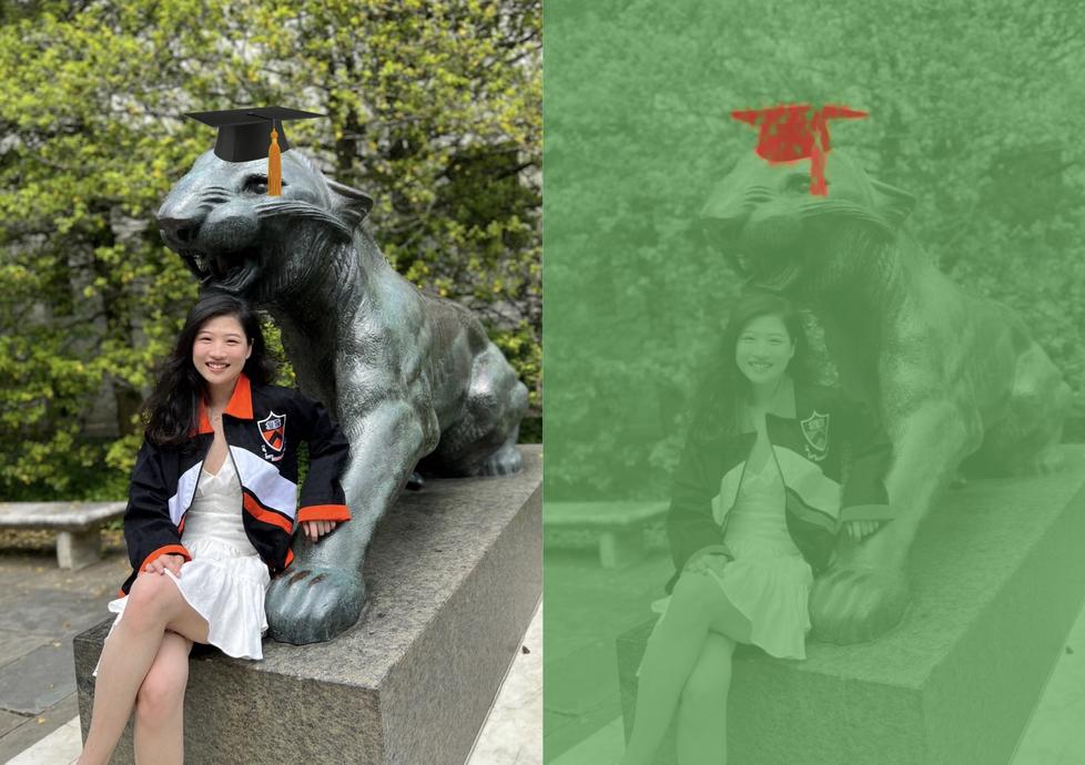 Two images of Han sitting with a bronze tiger statue; the one on the right is greened-out but a graduation cap on the tiger's head shows up in red.