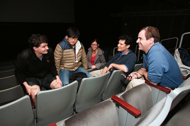 From left, Daniel Vitek, Congling Qiu, Alta Fang, and Florian Sprung spoke with PAWâs Mark F. Bernstein â83 about their impressions of Ph.D. Movie 2. (Frank Wojciechowski)