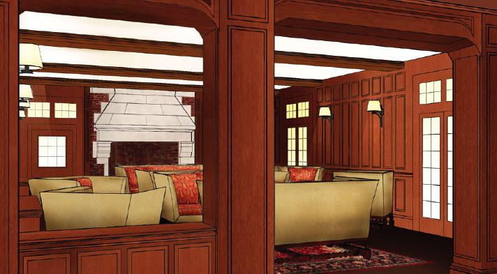 Architect’s rendering of Campus Club’s refurbished living room.  